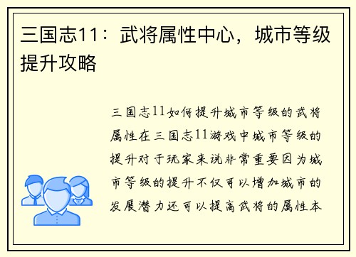 三国志11：武将属性中心，城市等级提升攻略